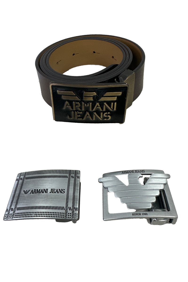 Buy Men's Brown Leather Belt with Interchangeable Buckles Armani
